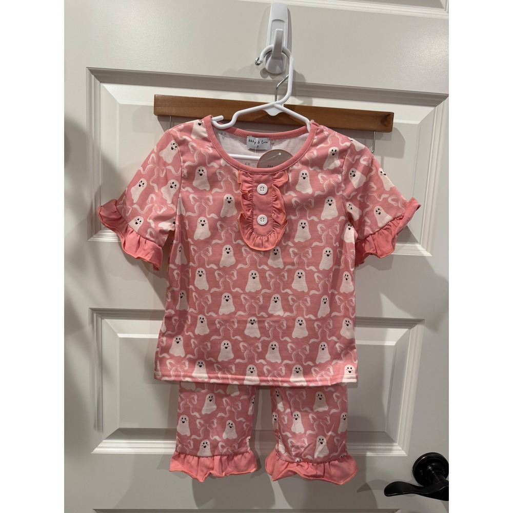 Abby & Evie Girls Ghost Pajama Set Size 3 Halloween Pink Ruffle Sleeve NWT